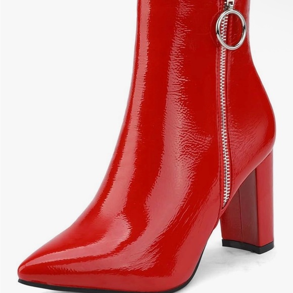 Red Chunky Heel Ankle Boots - Picture 2 of 13